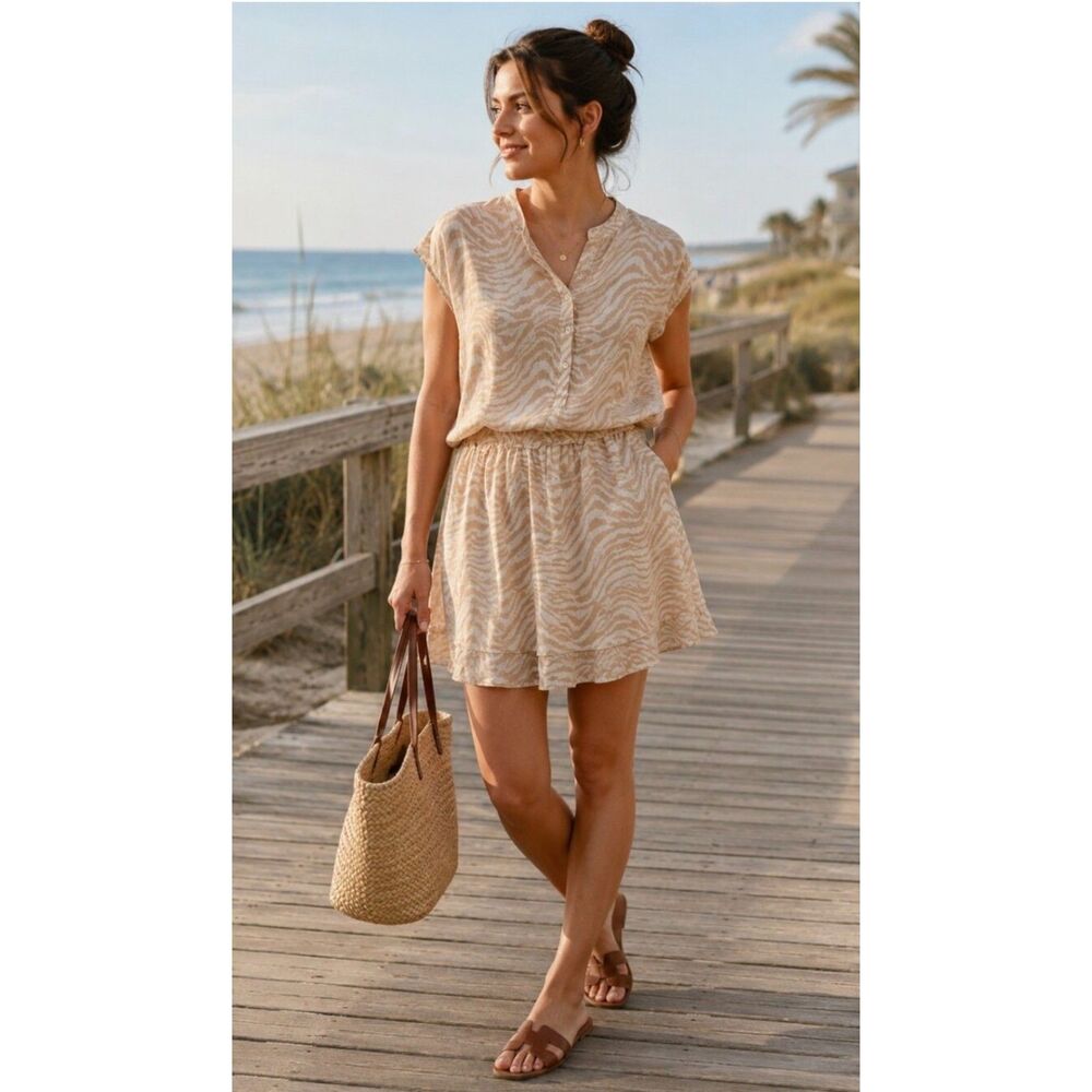 NWT - RAILS Angelina Mini Dress Tan Abstract Tiger Print, Linen, Neutral, Sz S